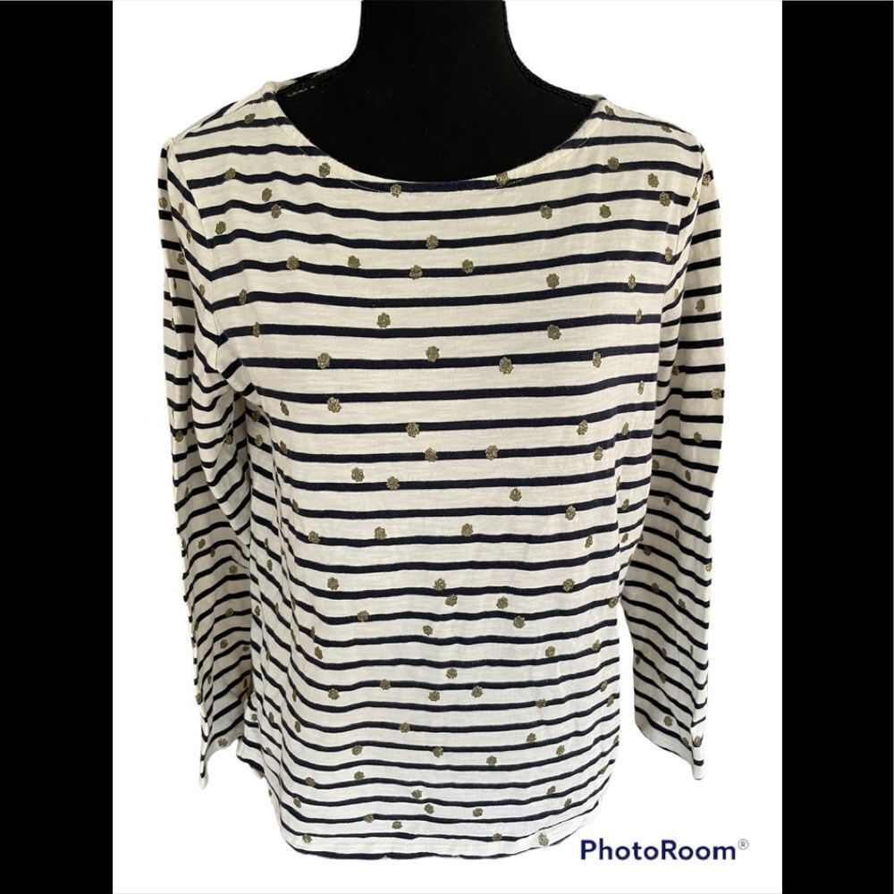 Boden White Navy Striped Long Sleeve Tee with Gold Dot Embellishments